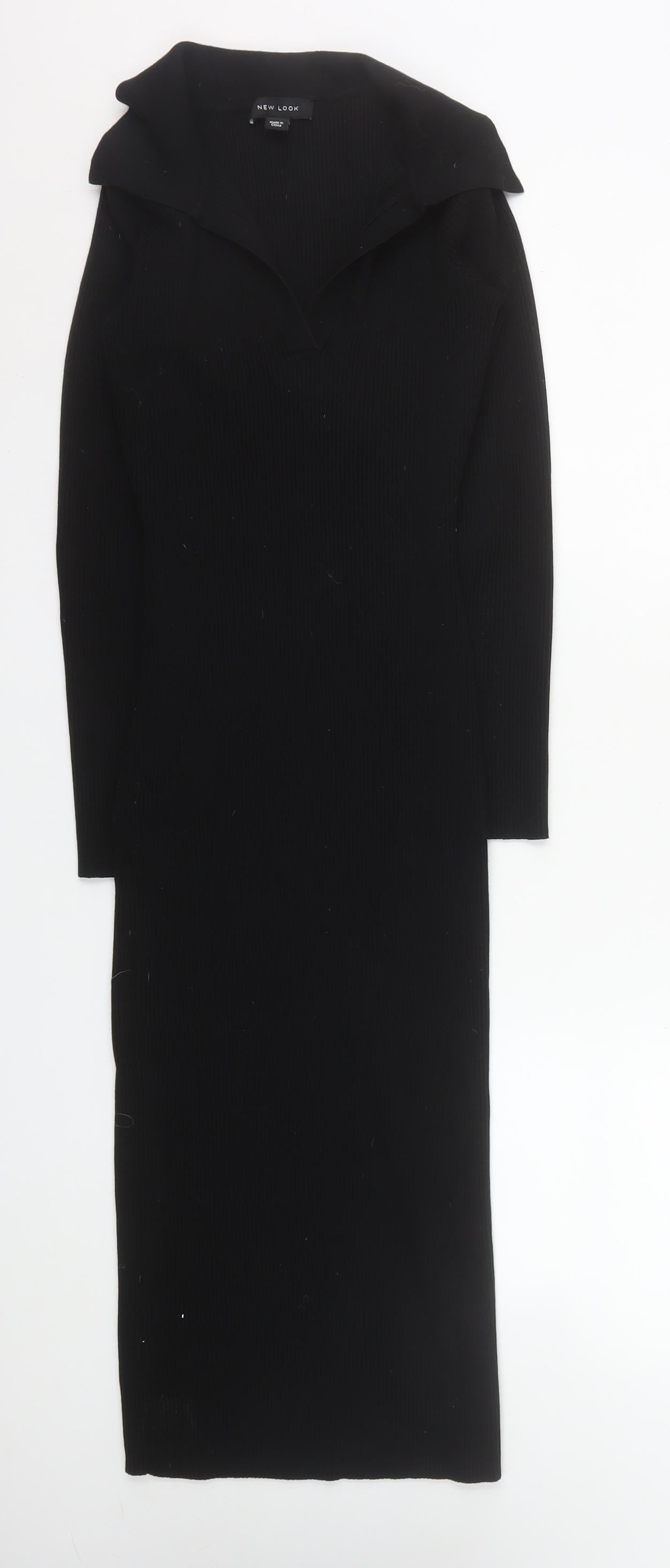 New Look Women's Black Collared Long Sleeve Ribbed Bodycon Midi Dress Size 12