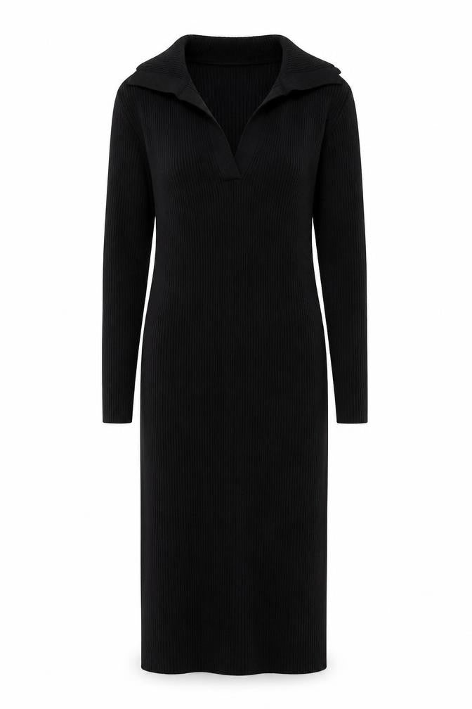 New Look Women's Black Collared Long Sleeve Ribbed Bodycon Midi Dress Size 12