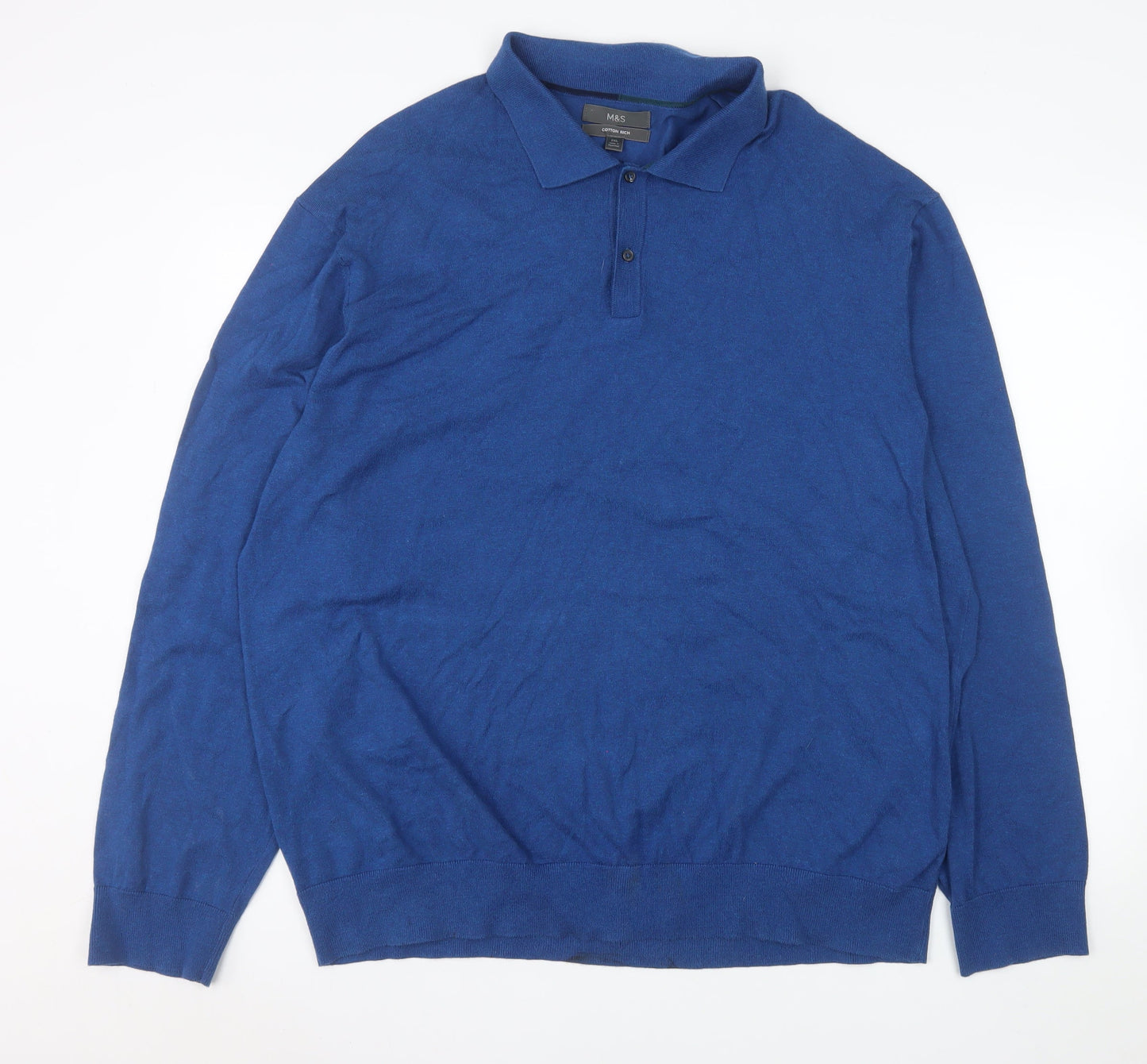 Marks and Spencer Men's Blue Cotton Blend Long Sleeve Polo 2XL