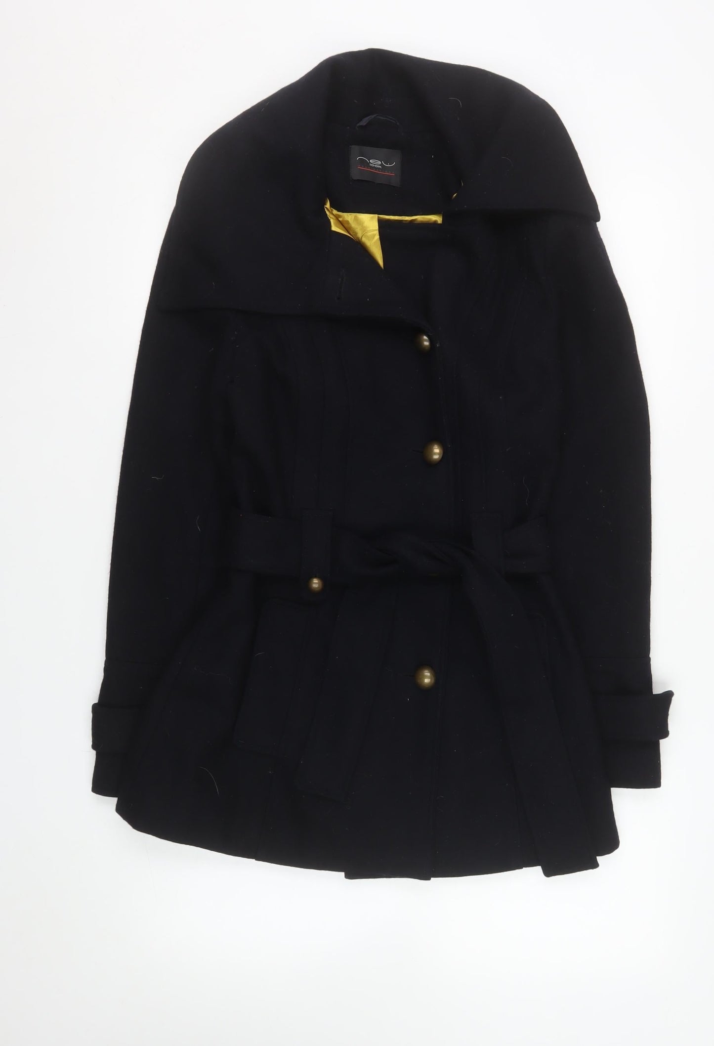 New Look Women's Black Wool Blend Trench Coat Size 10 Belted Mid-Length