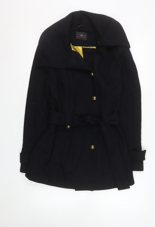New Look Women's Black Wool Blend Trench Coat Size 10 Belted Mid-Length