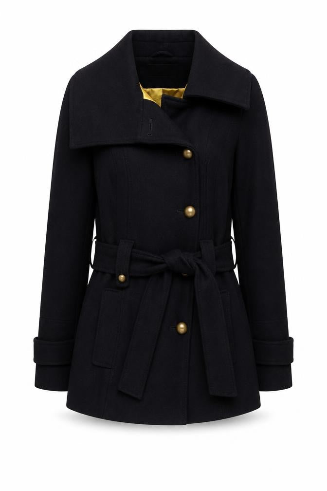 New Look Women's Black Wool Blend Trench Coat Size 10 Belted Mid-Length