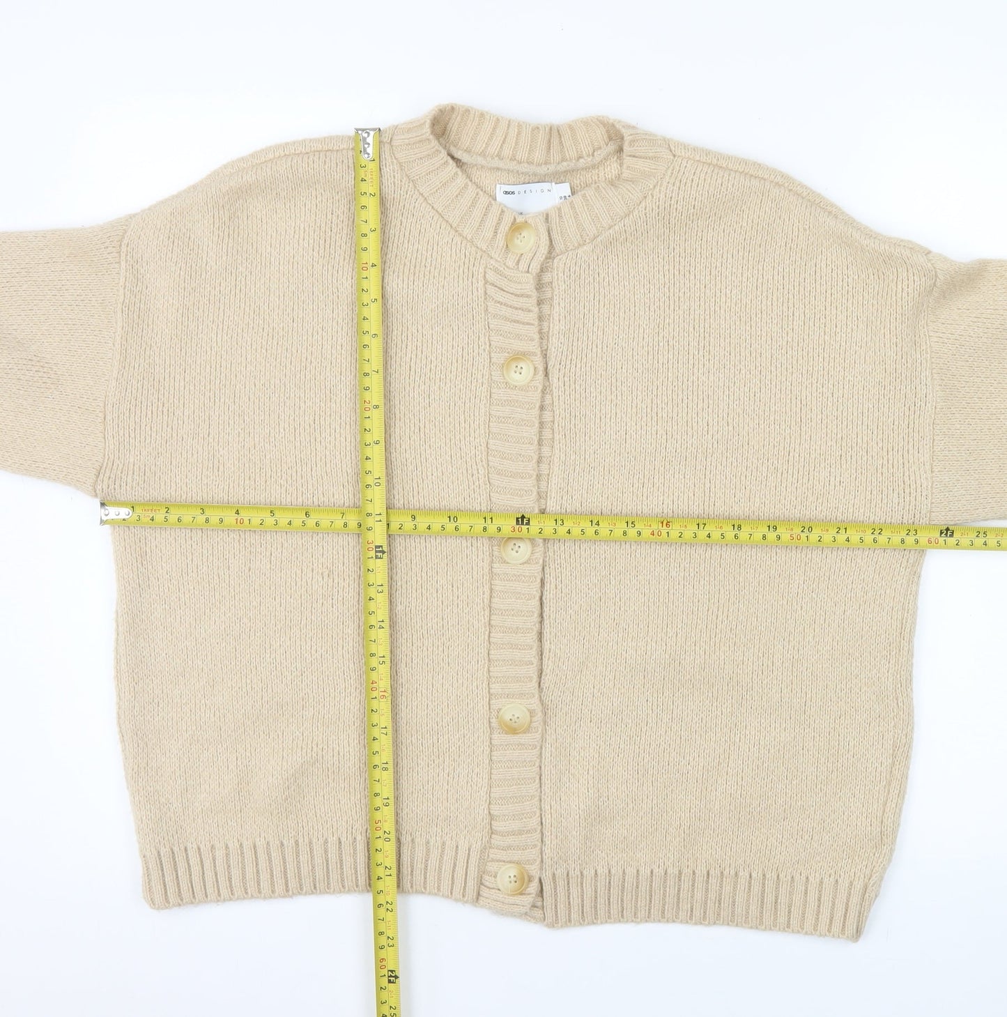 ASOS Women Beige Cardigan UK 10 Long Sleeve Knit Crew Neck