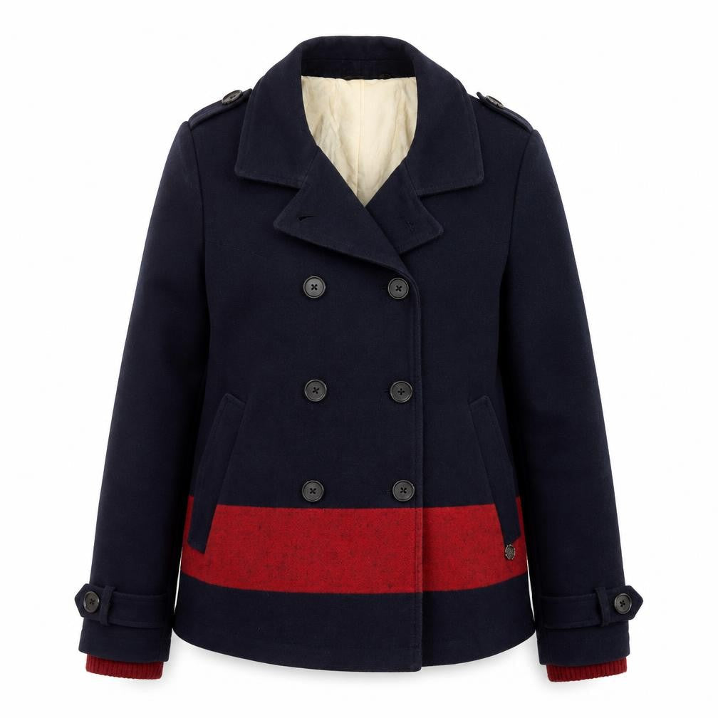 Maison Scotch Women Navy & Red Pea Coat Wool Blend Size 2 Classic Style