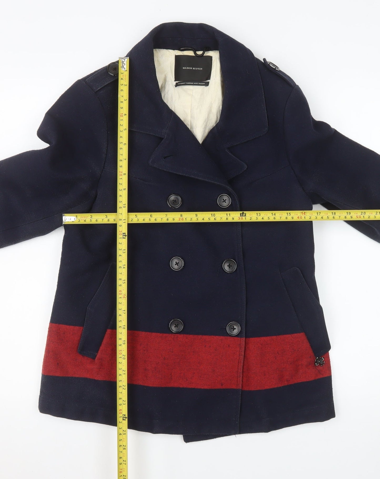 Maison Scotch Women Navy & Red Pea Coat Wool Blend Size 2 Classic Style