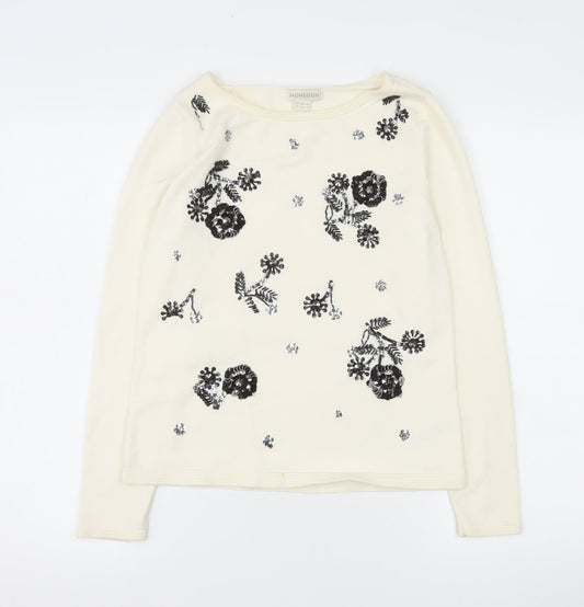 Monsoon Women Ivory Sequin Floral Knit Long Sleeve Blouse UK 12