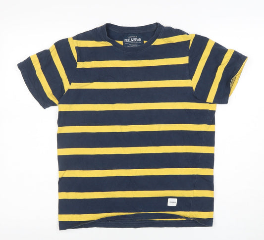 Pull & Bear Women's Blue Yellow Striped Cotton T-Shirt 2XS