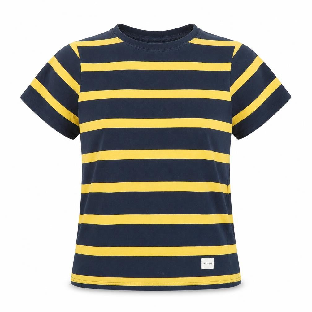 Pull & Bear Women's Blue Yellow Striped Cotton T-Shirt 2XS