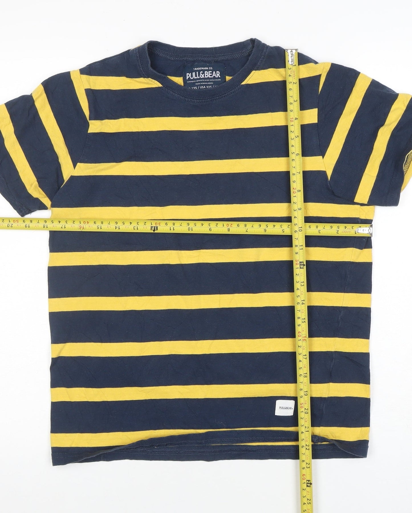 Pull & Bear Women's Blue Yellow Striped Cotton T-Shirt 2XS