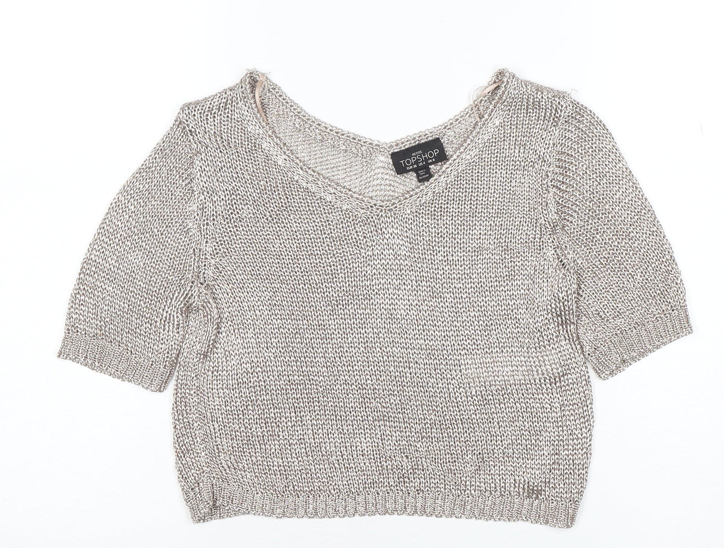 Topshop Petite Women’s Silver Knit V-Neck Cropped Blouse Size 8