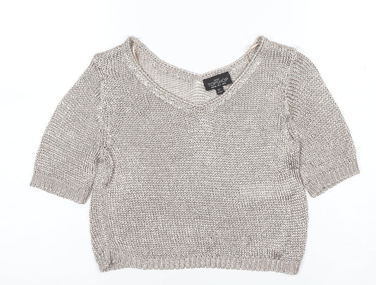 Topshop Petite Women’s Silver Knit V-Neck Cropped Blouse Size 8