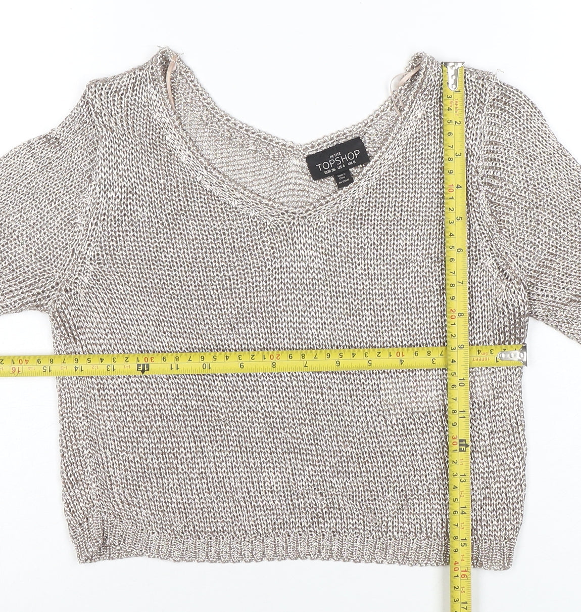 Topshop Petite Women’s Silver Knit V-Neck Cropped Blouse Size 8