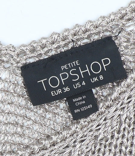 Topshop Petite Women’s Silver Knit V-Neck Cropped Blouse Size 8