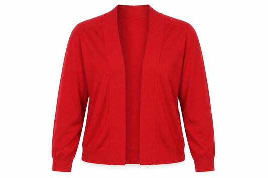 Front view of Roman Women's Red V-Neck Knit Long Sleeve Cardigan, size 14