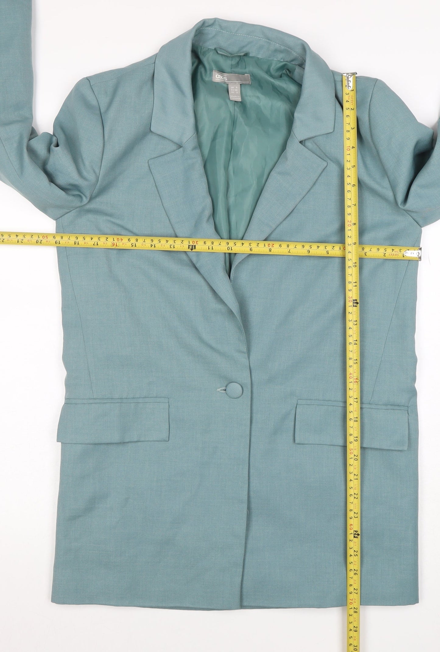 ASOS Women Teal Blue One-Button Long Blazer Jacket Size UK 6