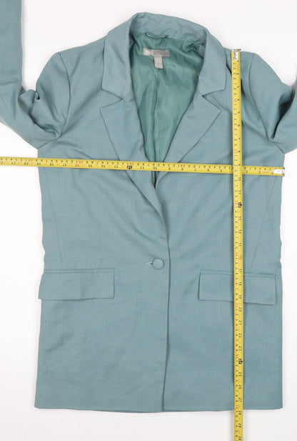 Back view of ASOS Women Teal Blue One-Button Long Blazer Jacket, size UK 6