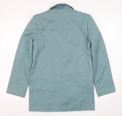Close-up detail of ASOS Women Teal Blue One-Button Long Blazer Jacket, size UK 6