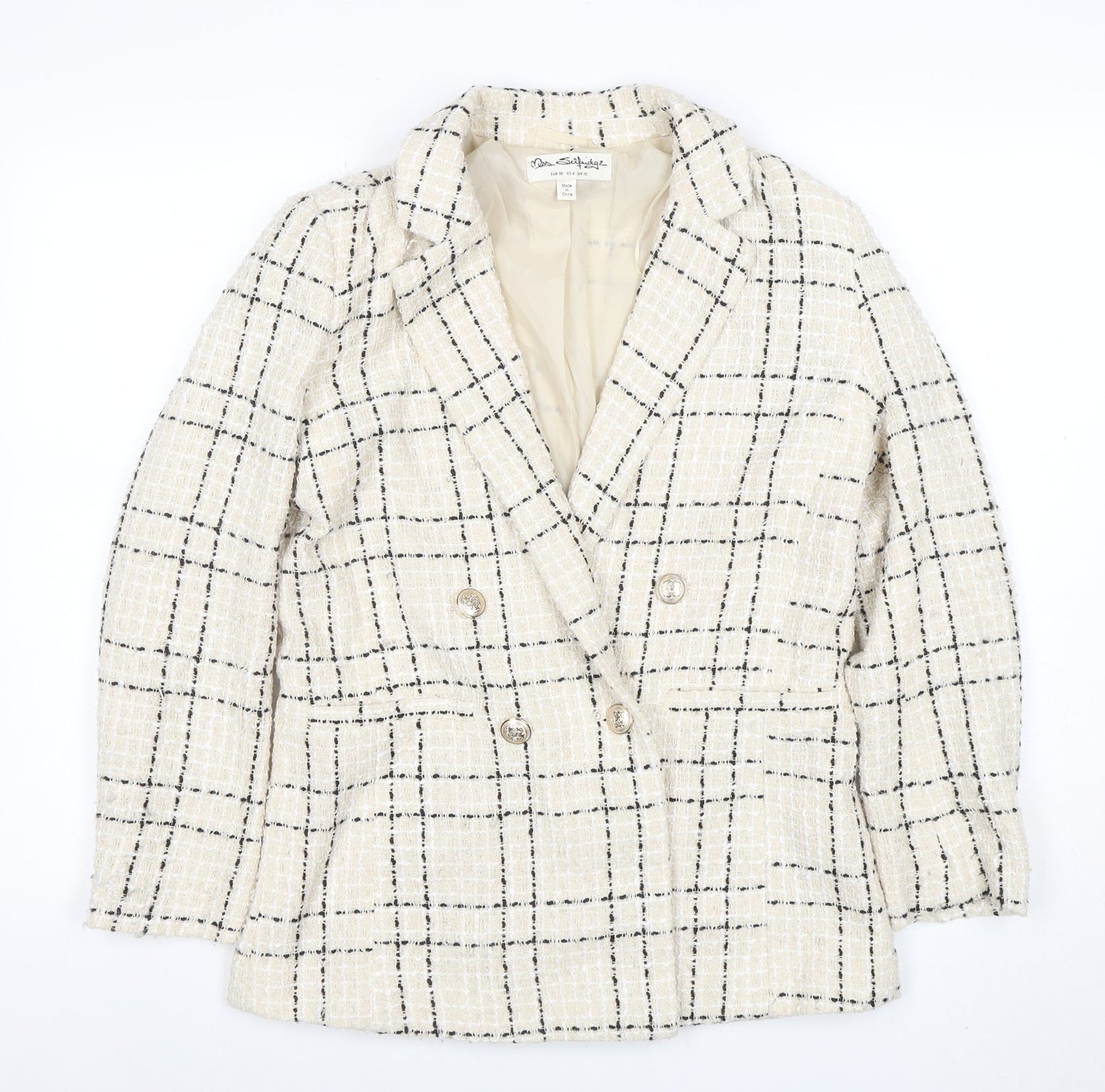 Miss Selfridge Women's Beige Black Check Tweed Double-Breasted Blazer UK 10