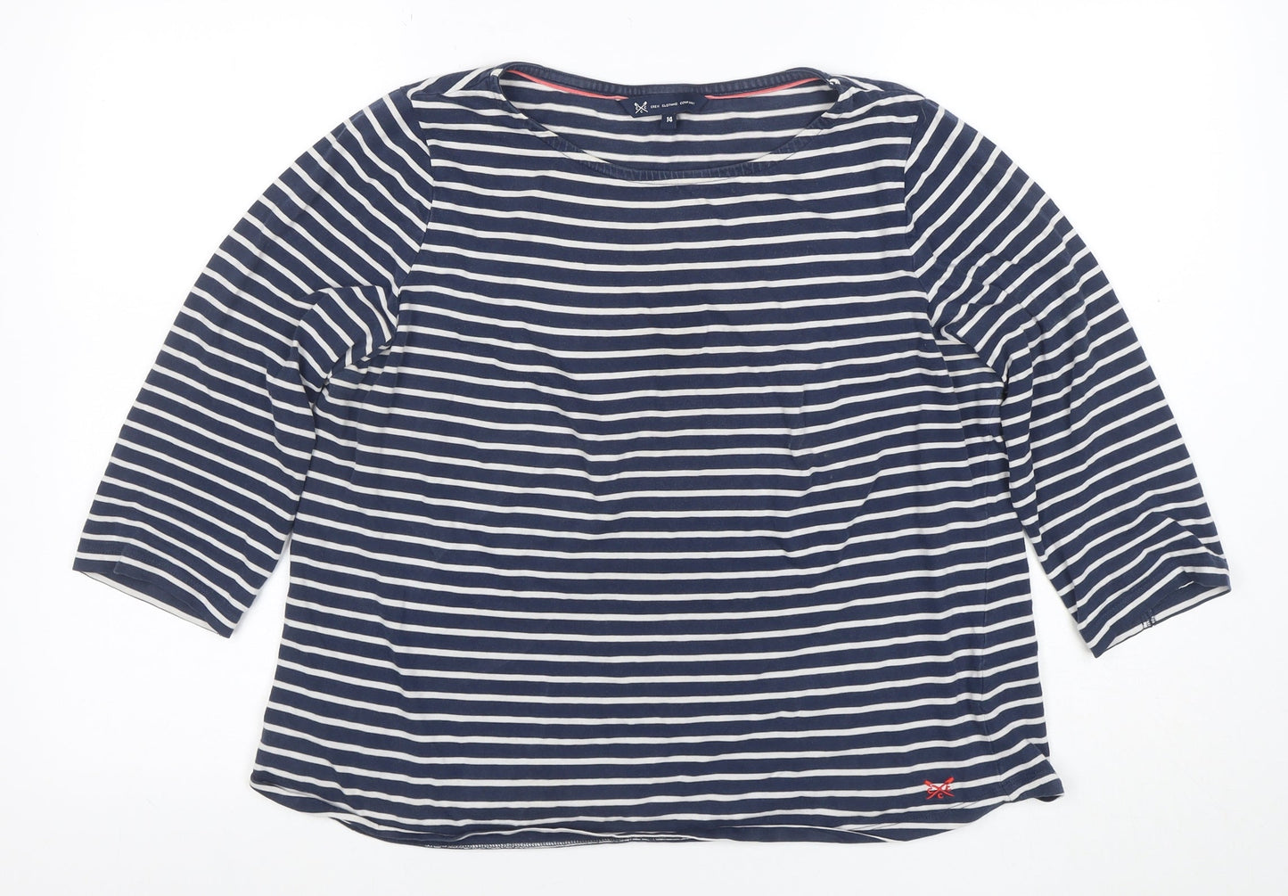 Crew Clothing Company Women Blue Striped Cotton 3/4 Sleeve T-Shirt Size 14