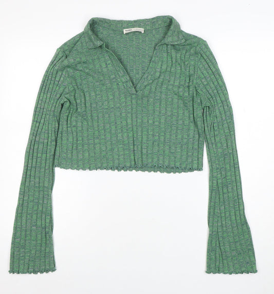 Pull&Bear Womens Green Cropped Collared Knit Long Sleeve Blouse Size M