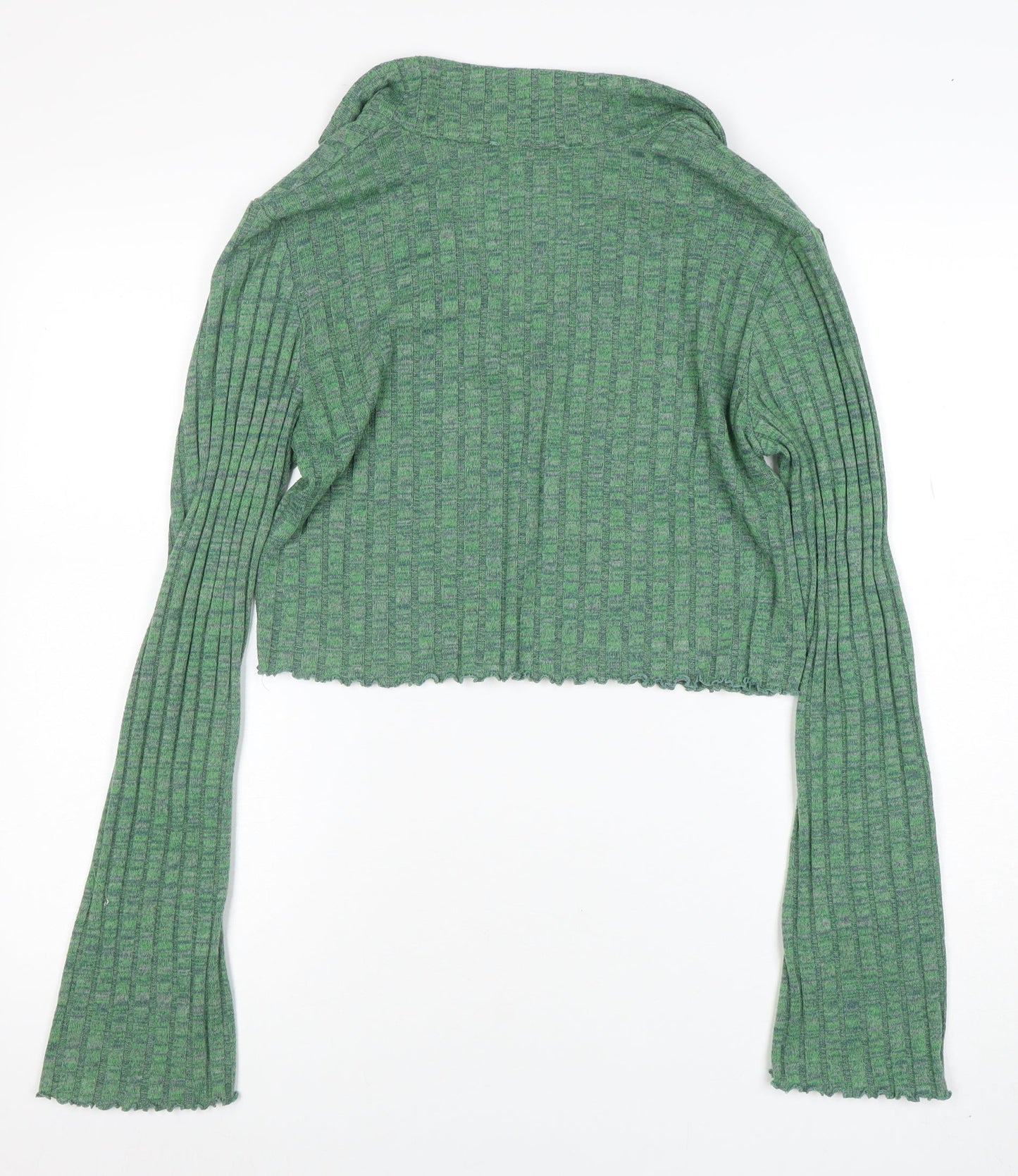 Pull&Bear Womens Green Cropped Collared Knit Long Sleeve Blouse Size M