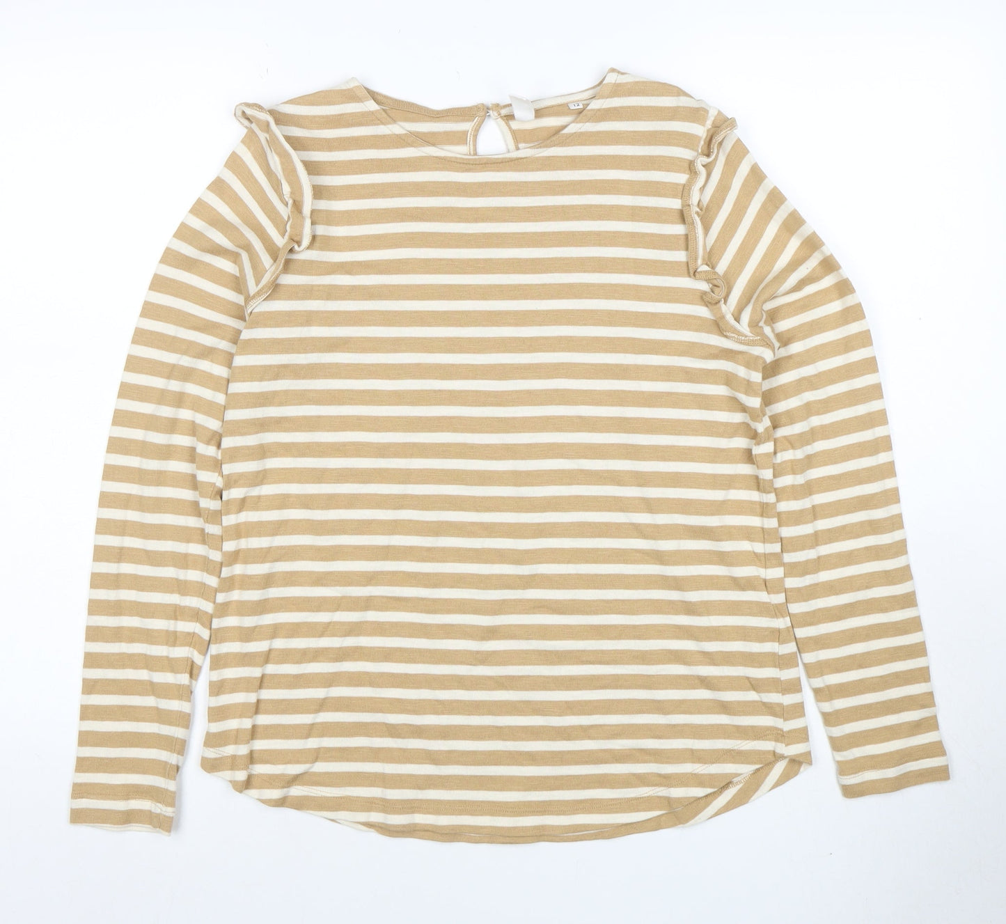 AND/OR Women’s Beige Striped Long Sleeve Cotton T-Shirt Size 12