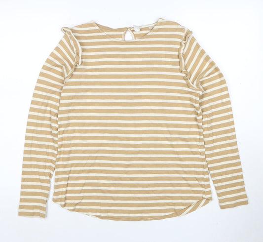 AND/OR Women’s Beige Striped Long Sleeve Cotton T-Shirt Size 12