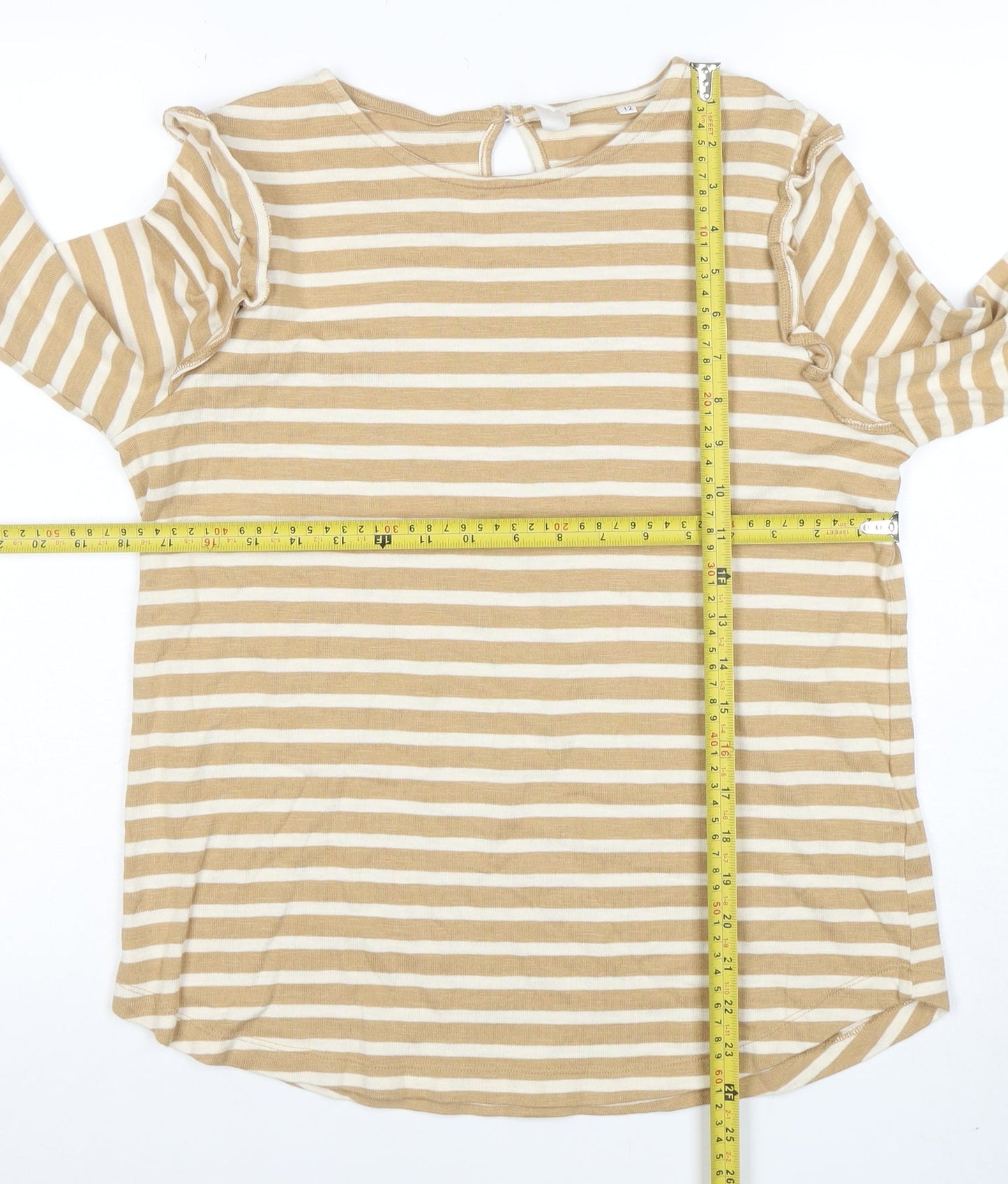 AND/OR Women’s Beige Striped Long Sleeve Cotton T-Shirt Size 12