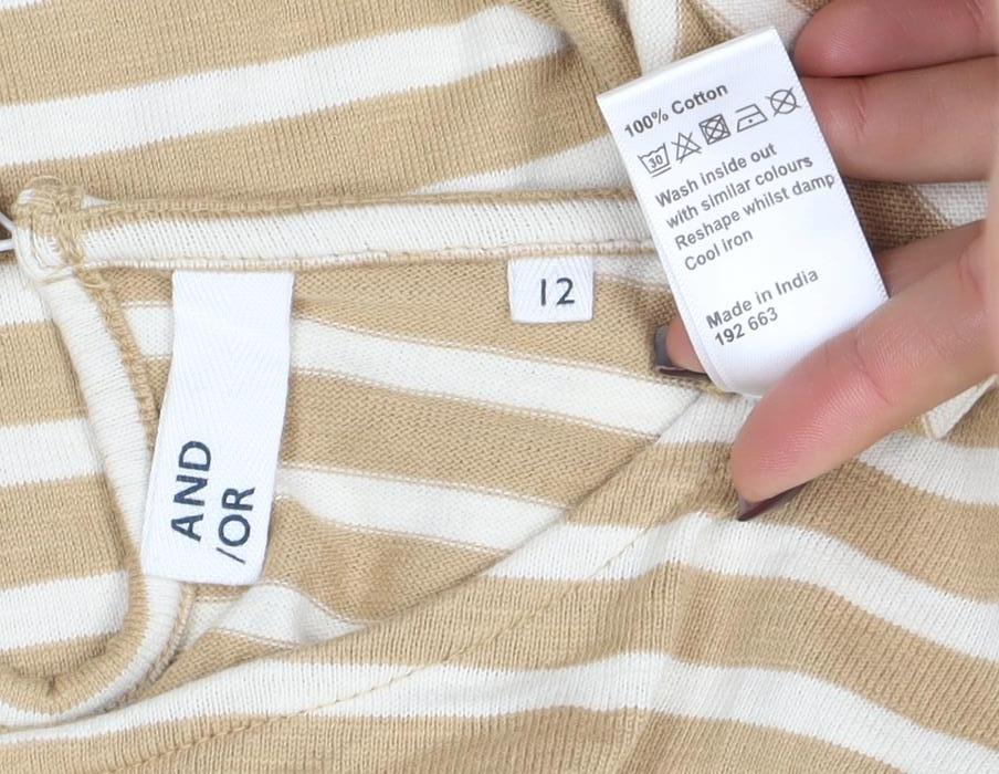 AND/OR Women’s Beige Striped Long Sleeve Cotton T-Shirt Size 12