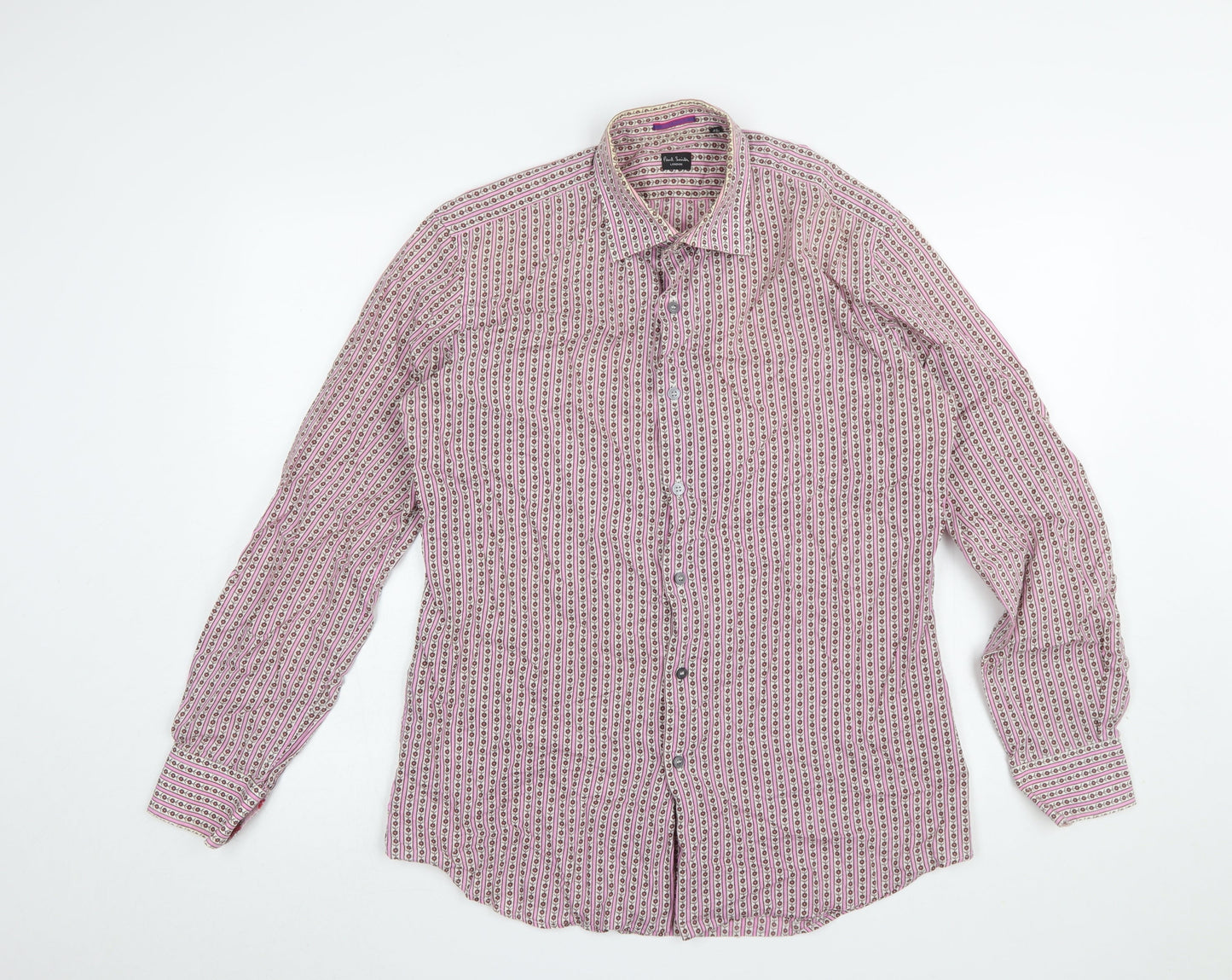 Paul Smith Men’s Pink Floral Stripe Long Sleeve Slim Fit Cotton Shirt 15.5