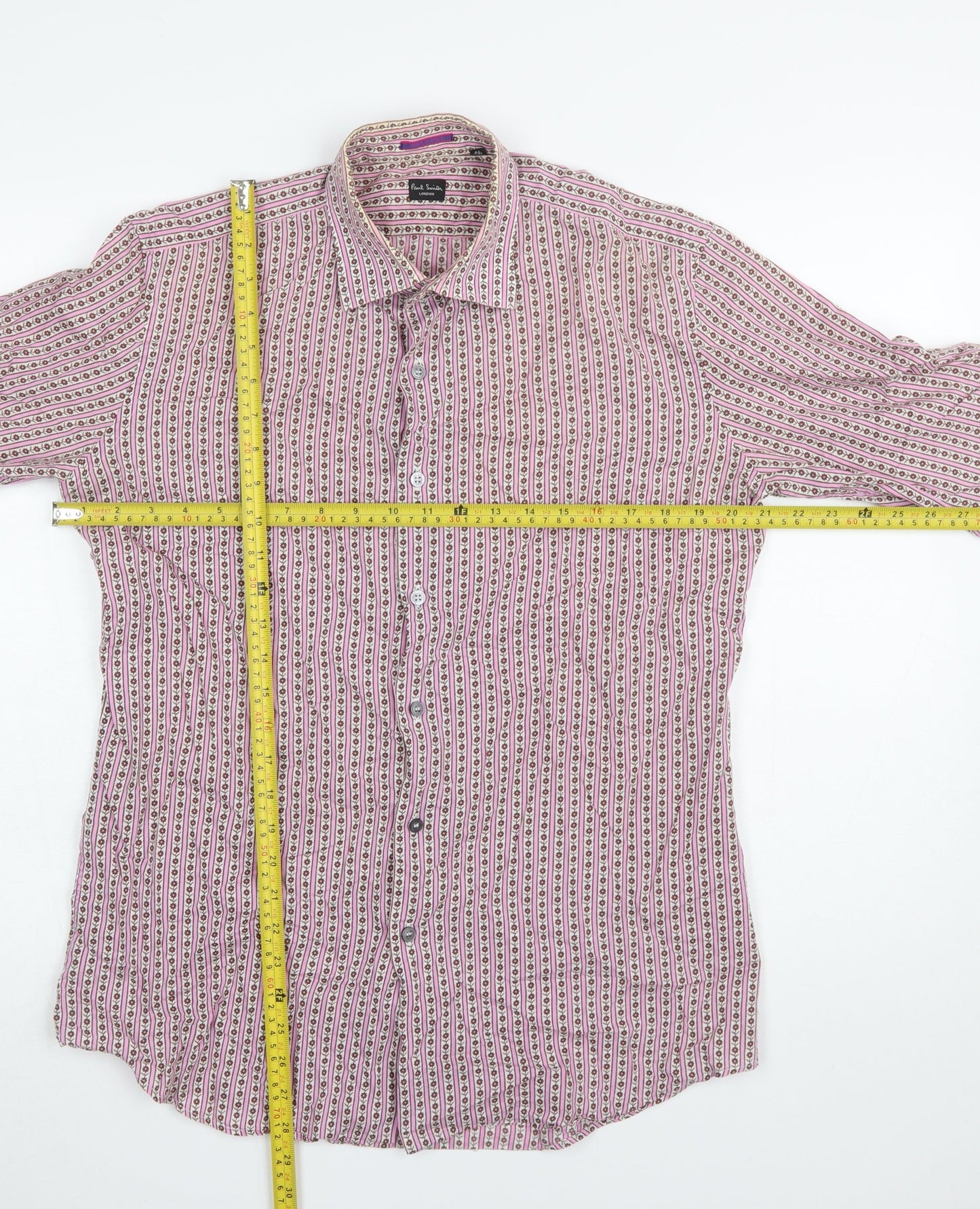Paul Smith Men’s Pink Floral Stripe Long Sleeve Slim Fit Cotton Shirt 15.5
