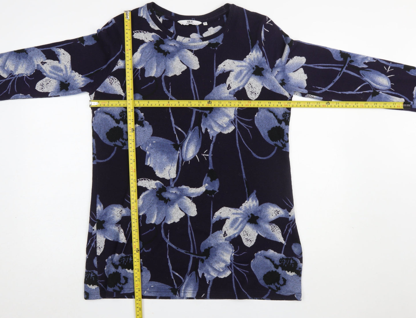 Isle Essentials Women's Blue Floral Long Sleeve Stretch Top Size 14