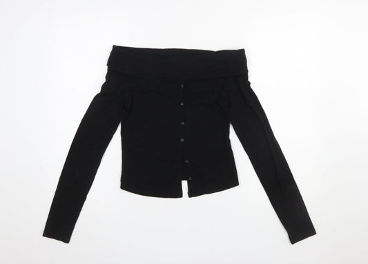 Bershka Women Black Off the Shoulder Long Sleeve Button-Up Top