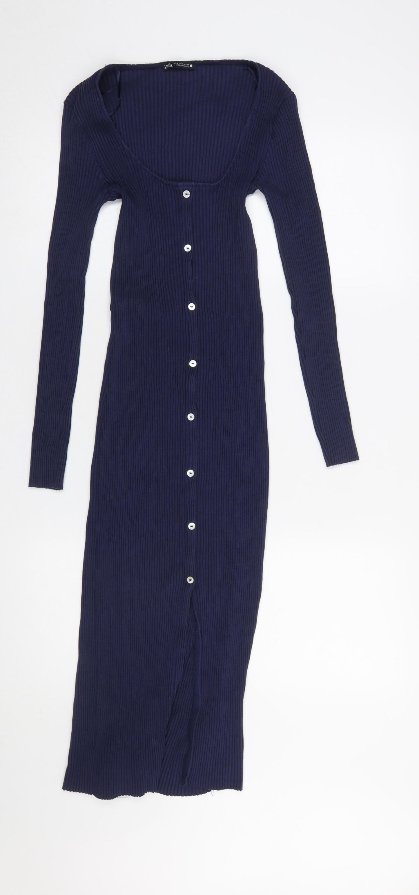 Zara Women Blue Midi Bodycon Button Front Long Sleeve Dress M