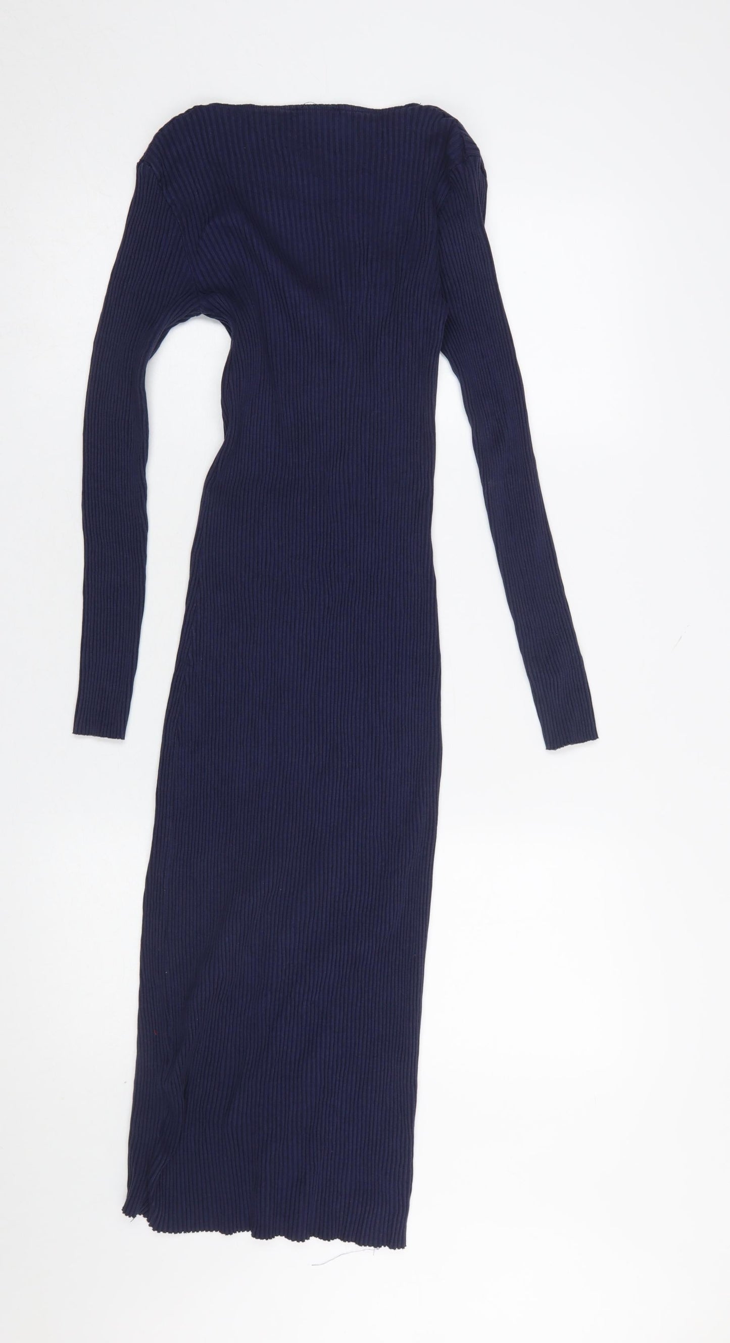 Zara Women Blue Midi Bodycon Button Front Long Sleeve Dress M
