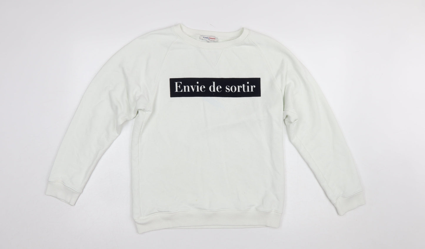 La Petite Française Women White Pullover Sweatshirt M/L Graphic Print