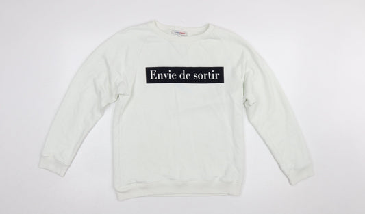 La Petite Française Women White Pullover Sweatshirt M/L Graphic Print