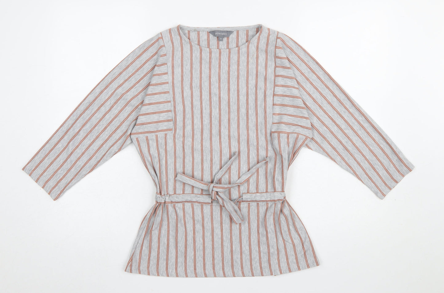Principles Women's Grey Striped Belted Tunic Blouse Size 12