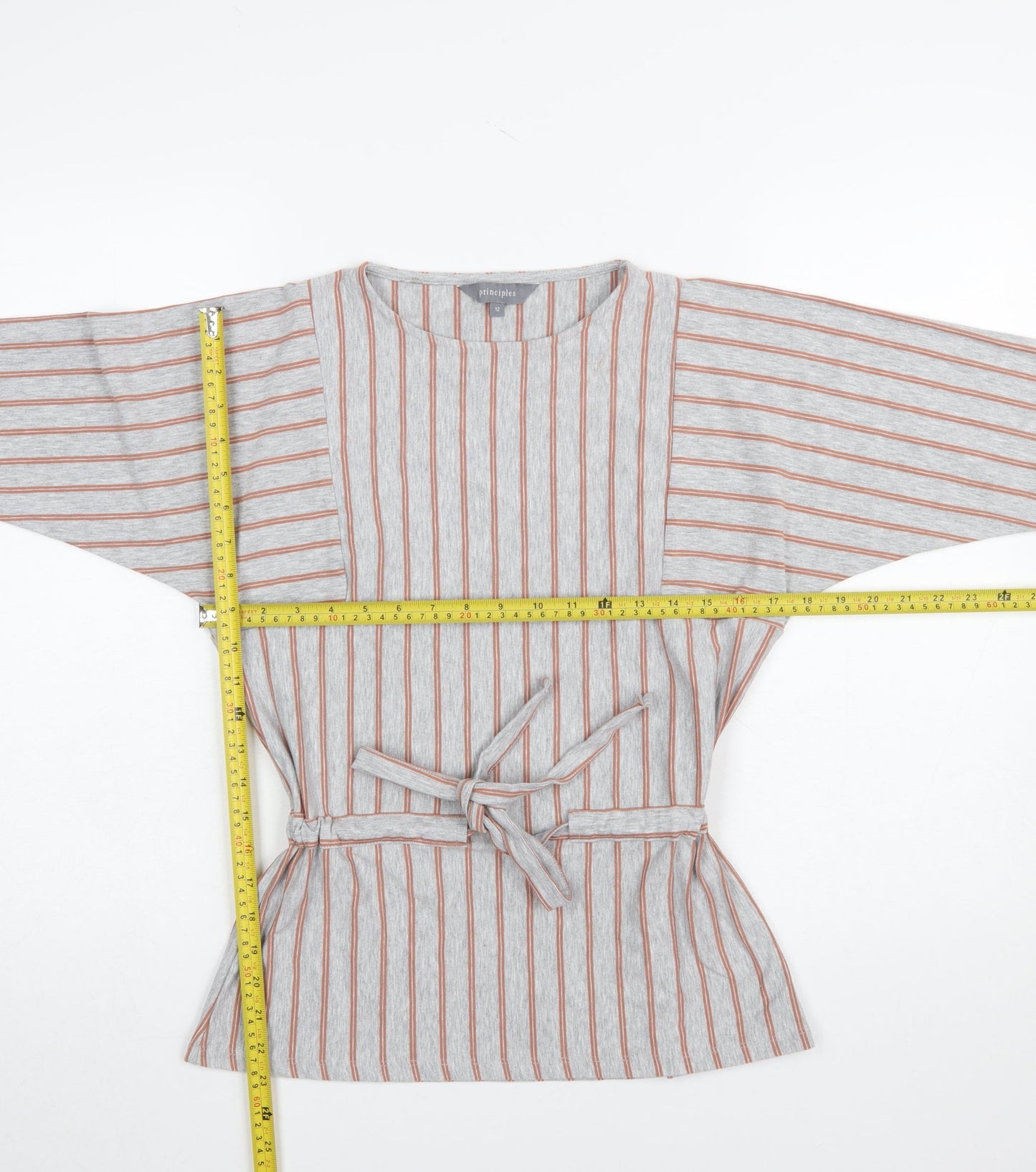 Principles Women's Grey Striped Belted Tunic Blouse Size 12