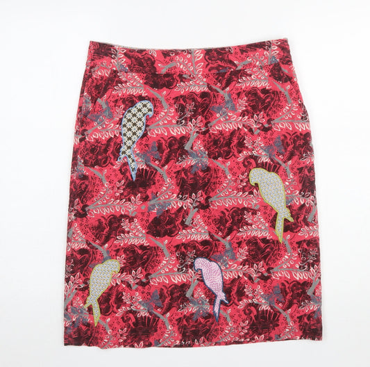 White Stuff Womens Red Cotton Embroidered Parrot Knee Length Skirt Size 10