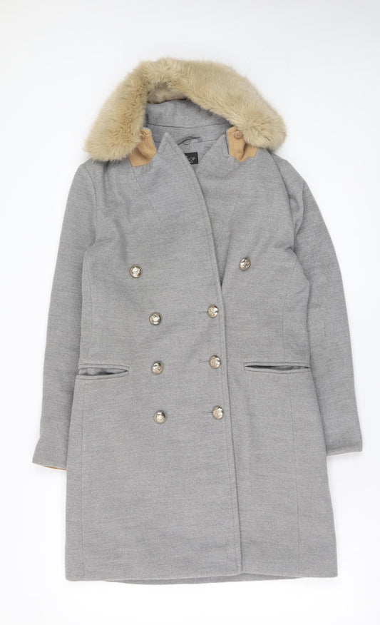 Topshop Petite Women’s Grey Faux Fur Collar Double Breasted Coat Size 8
