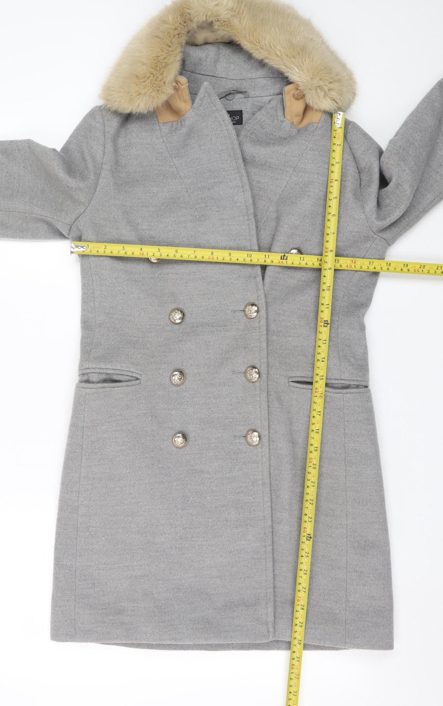 Topshop Petite Women’s Grey Faux Fur Collar Double Breasted Coat Size 8