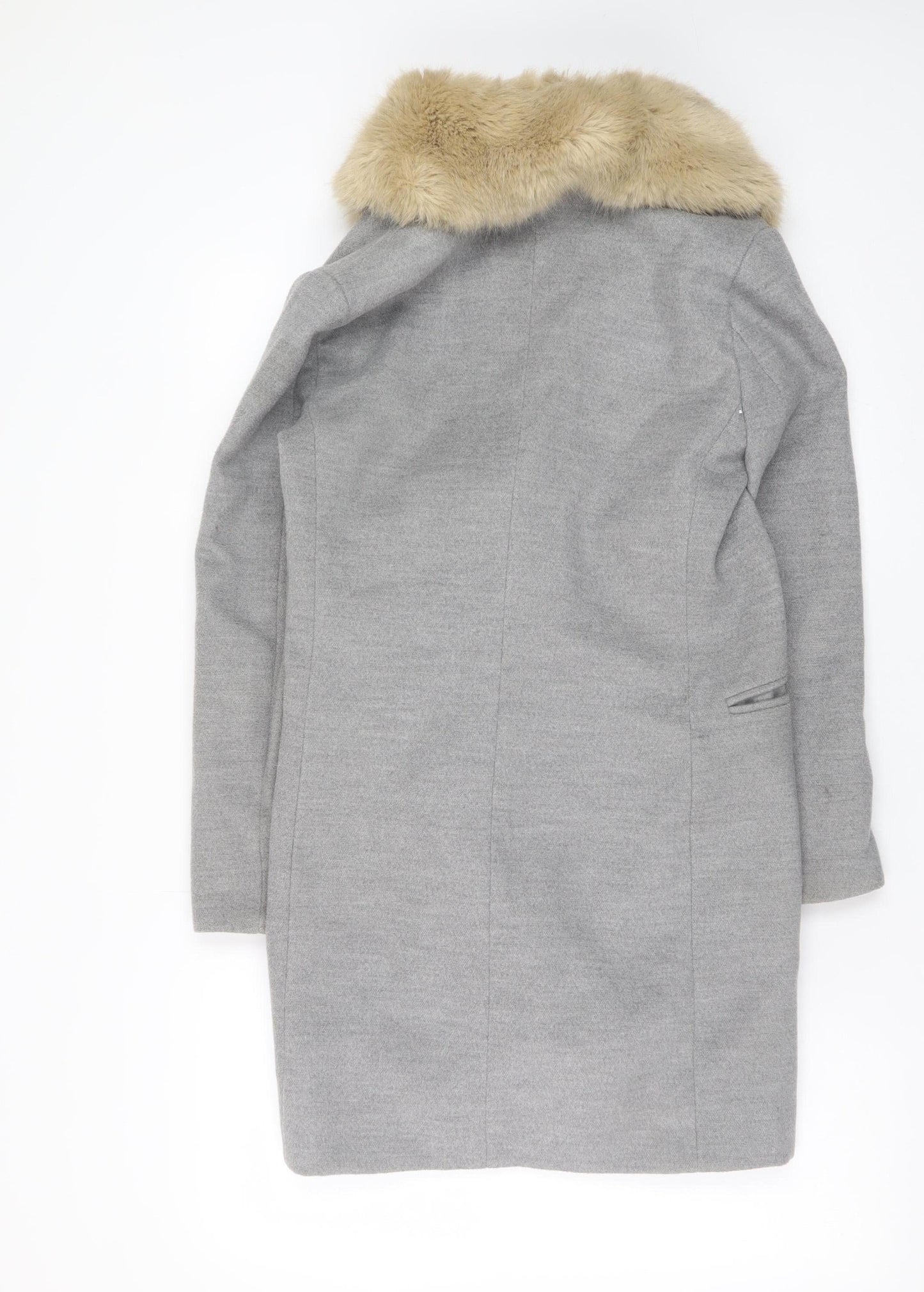 Topshop Petite Women’s Grey Faux Fur Collar Double Breasted Coat Size 8