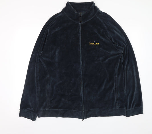 Nautica Men Blue M Velour Full Zip Jacket Stand Collar