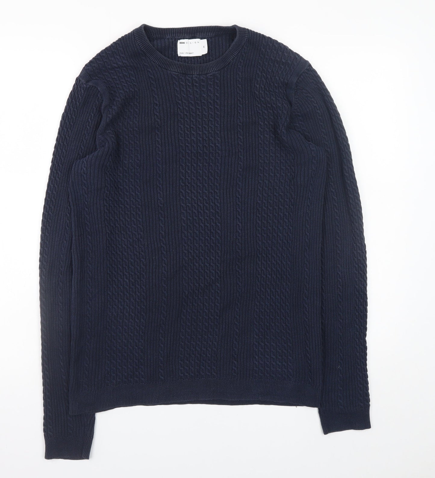 ASOS DESIGN Men’s Blue Cotton Cable-Knit Crew Neck Jumper M