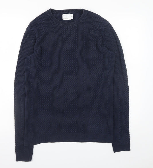 ASOS DESIGN Men’s Blue Cotton Cable-Knit Crew Neck Jumper M