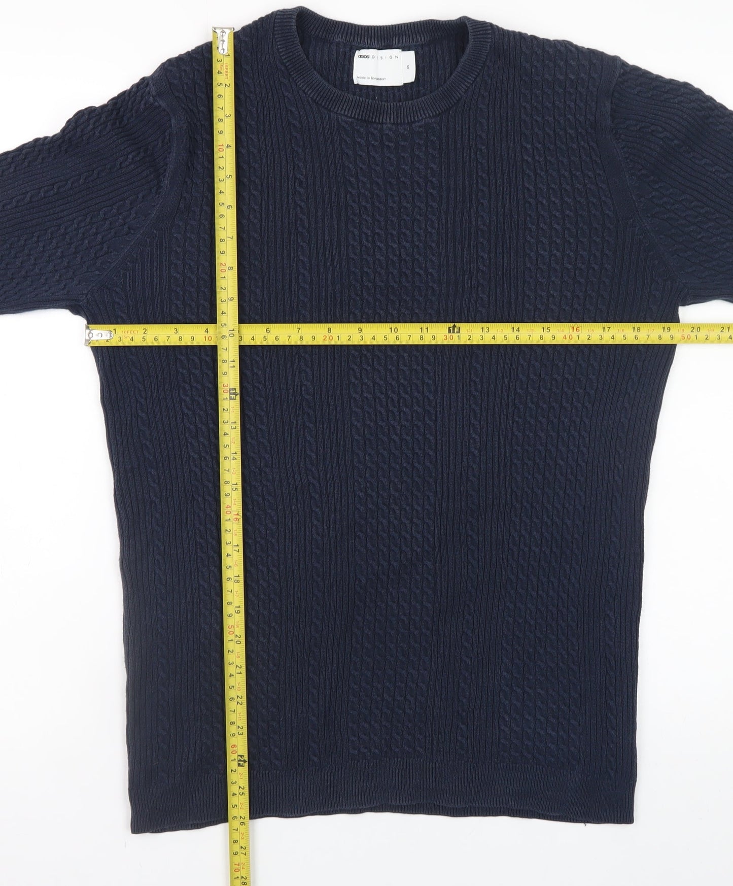 ASOS DESIGN Men’s Blue Cotton Cable-Knit Crew Neck Jumper M