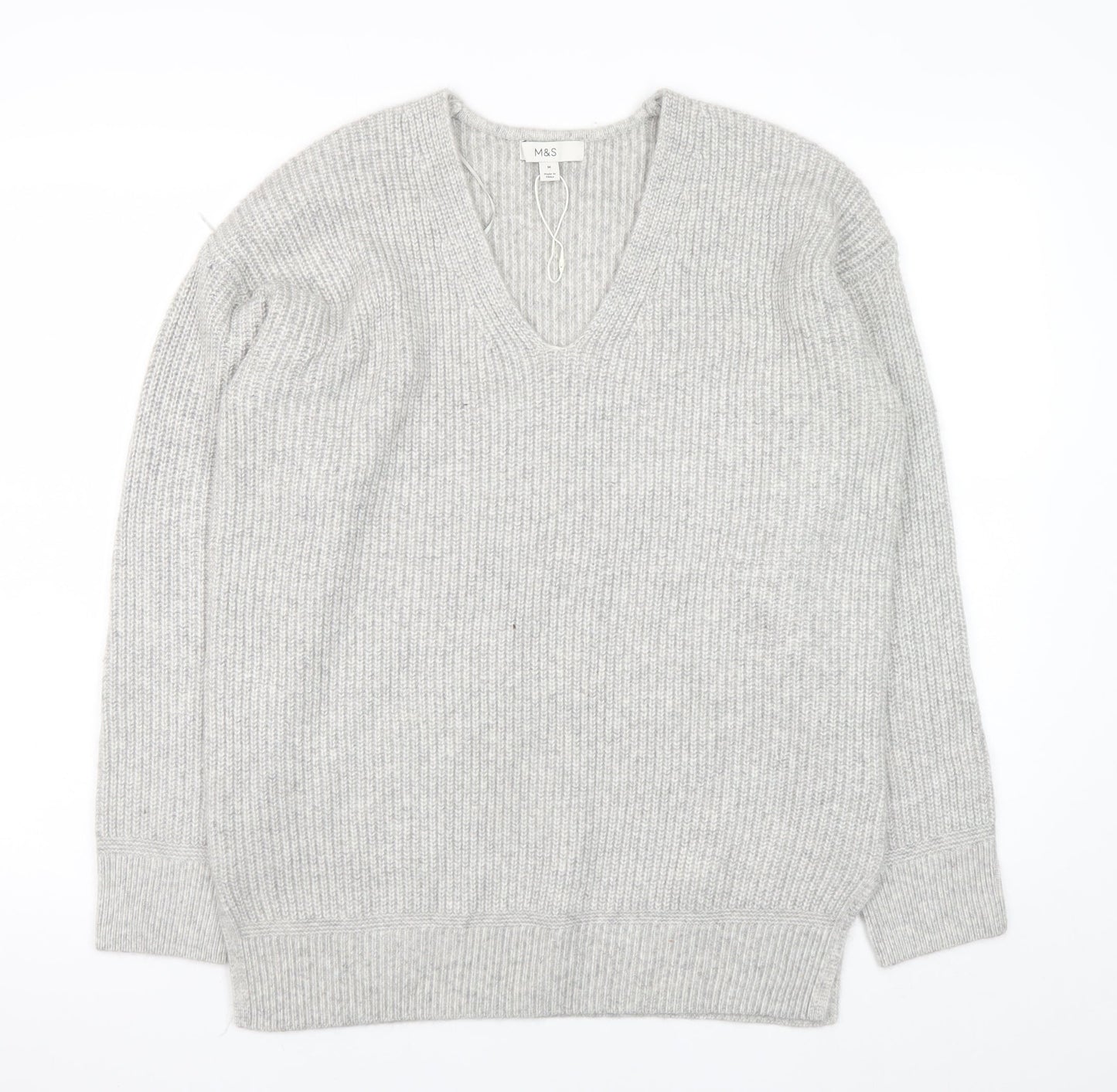 Marks and Spencer Women’s Grey V-Neck Ribbed Knit Pullover Jumper M