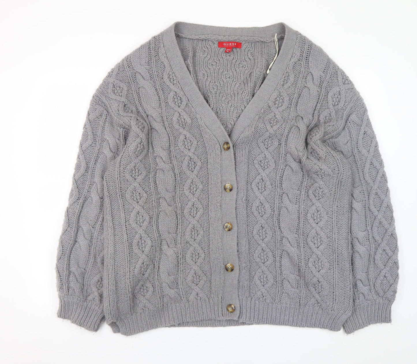 Guess Womens Grey Wool Blend Cable Knit V-Neck Cardigan Size 16