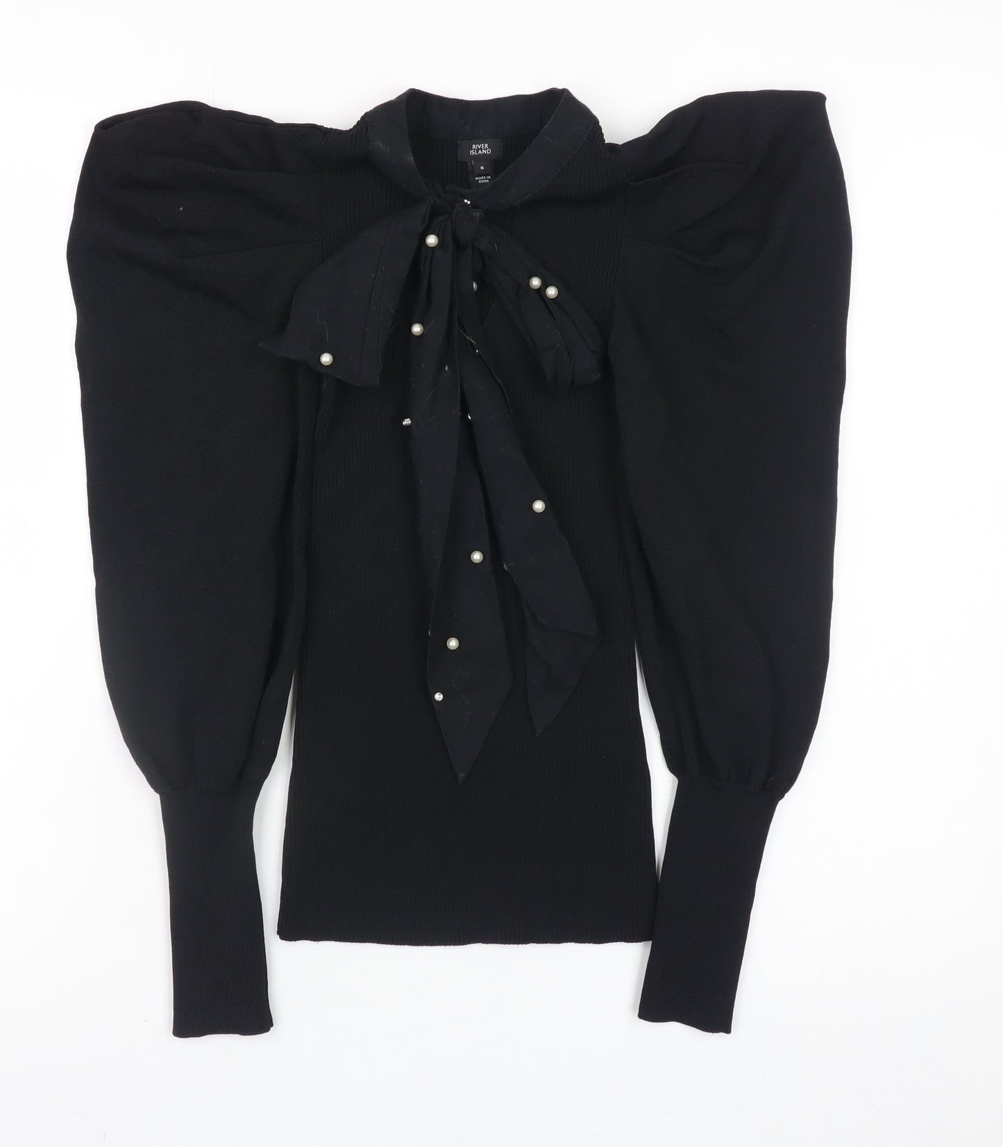 River Island Women’s Black Puff Sleeve Bow Jumper Size 6